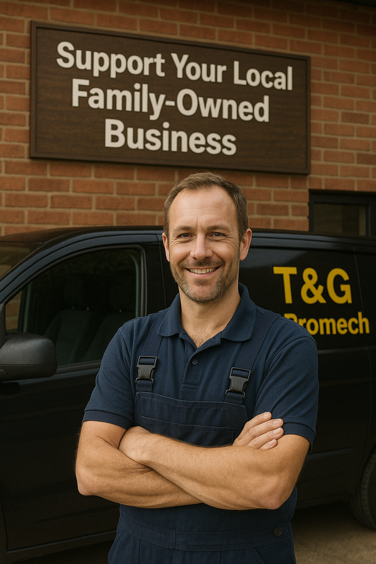 A smiling male technician in navy overalls stands proudly in front of a black van branded with "T&G Promech" in bold yellow letters, outside a red brick building displaying a sign that reads "Support Your Local Family-Owned Business."